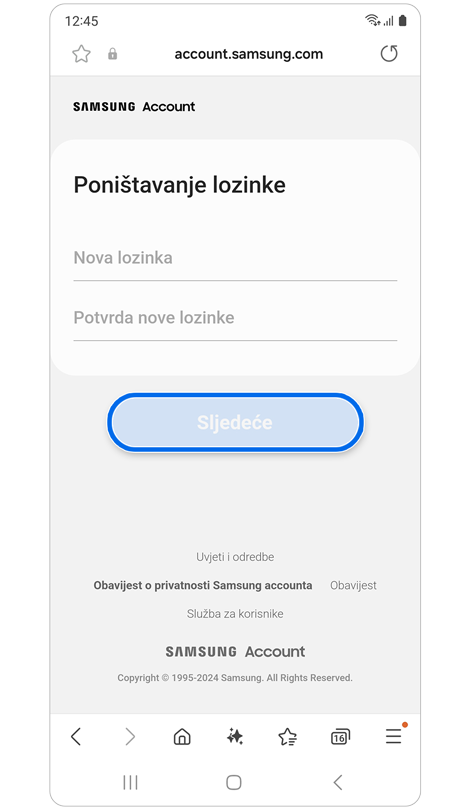 Zaslon Poništavanje lozinke.