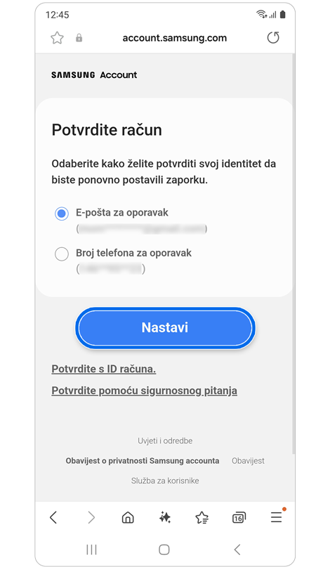 Ekran s alternativnim opcijama provjere.