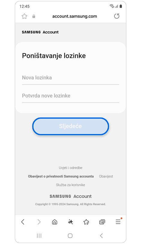 Zaslon Poništavanje lozinke.