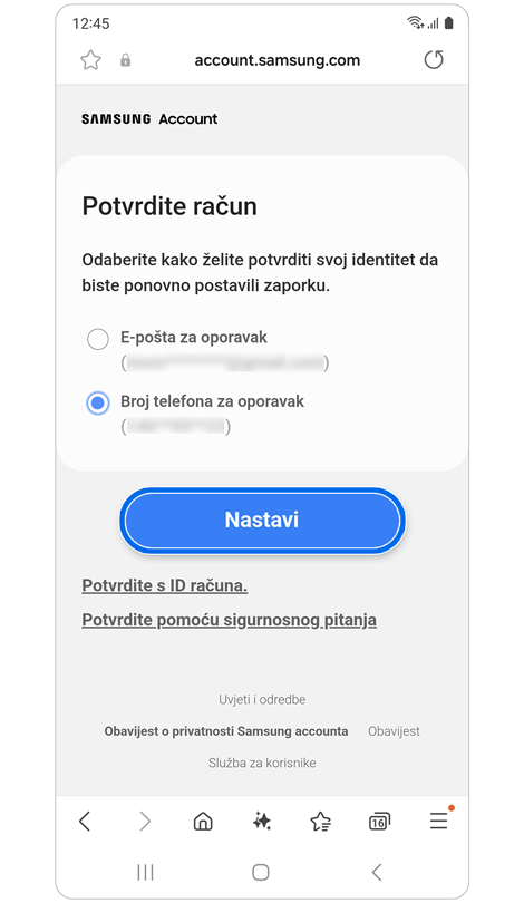 Ekran s alternativnim opcijama provjere.
