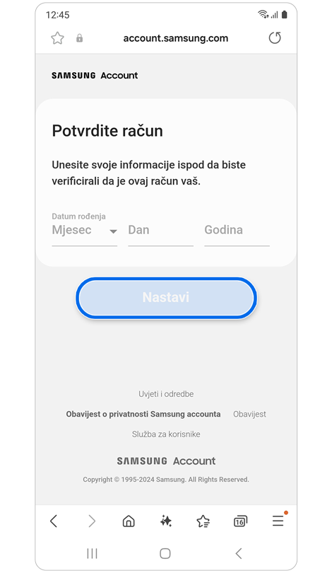 Zaslon za provjeru vlasništva računa.