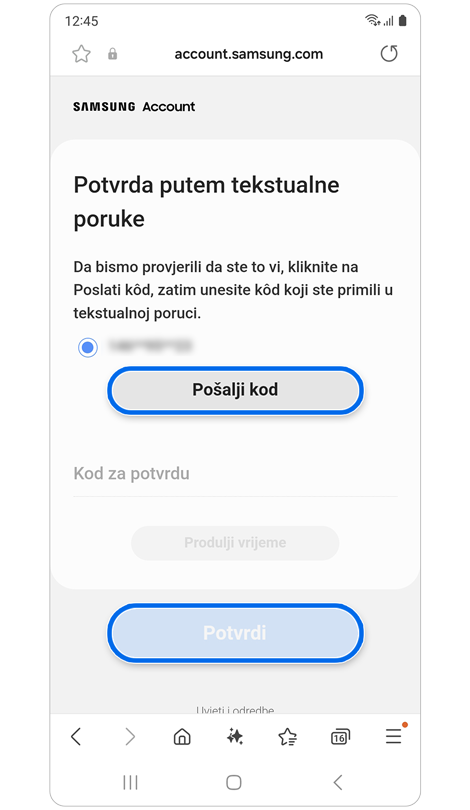 Zaslon za potvrdu tekstualne poruke.