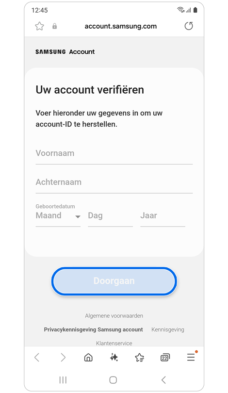 Scherm voor verificatie van account.