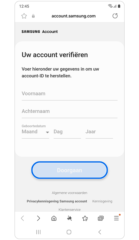 Scherm voor verificatie van account.