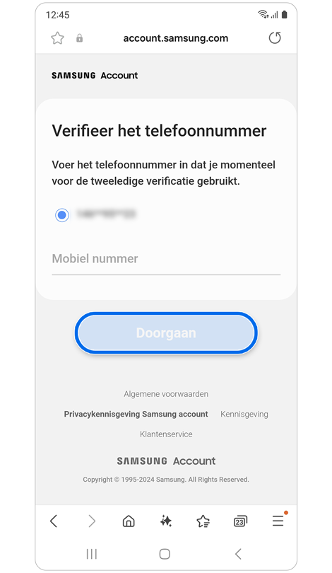 Verificatiescherm met telefoonnummer.