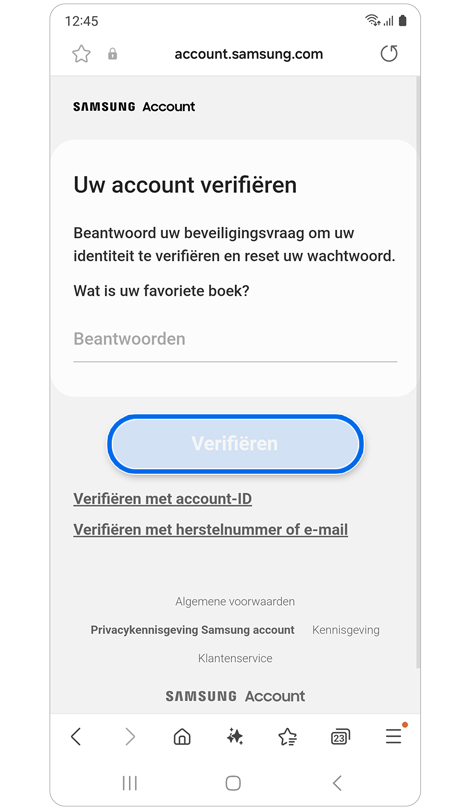 Scherm om beveiligingsvraag te beantwoorden.