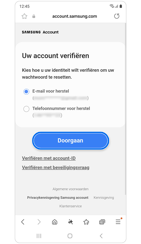 Scherm met alternatieve verificatieopties.
