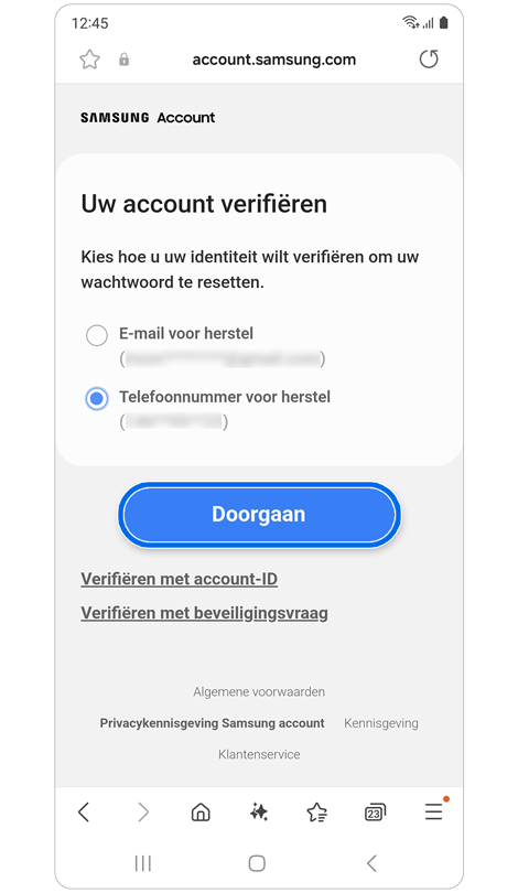 Scherm met alternatieve verificatieopties.