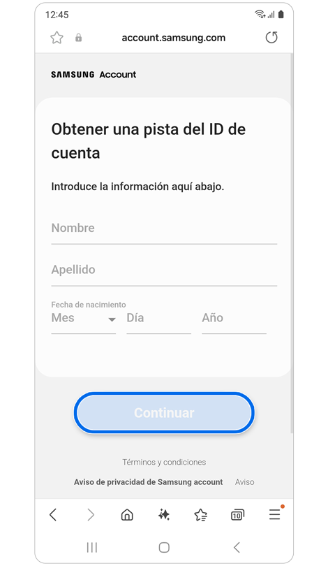 Pantalla de verificación de propiedad de cuenta.