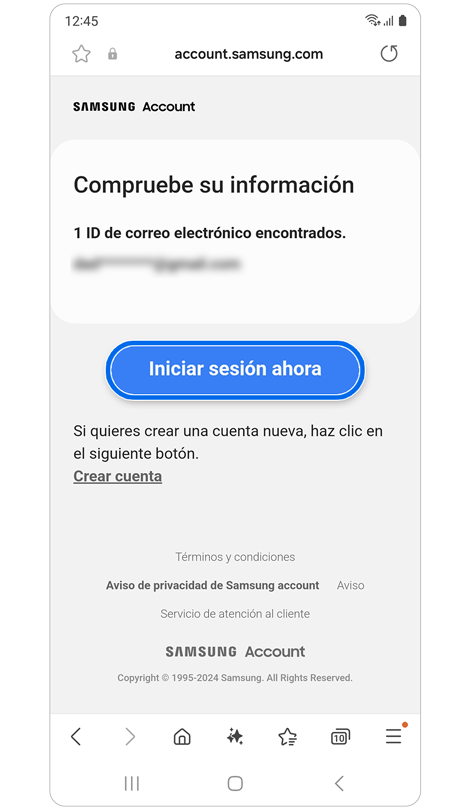 Pantalla de sugerencia de verificación de ID de cuenta.