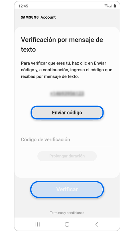 Pantalla de verificación de mensaje de texto.