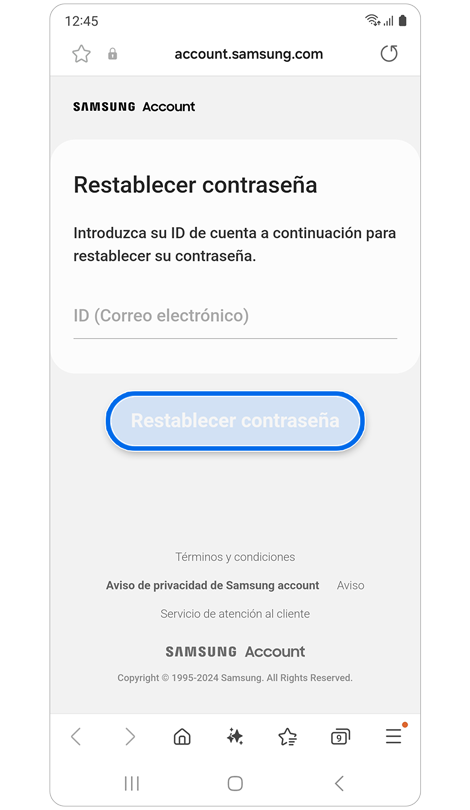 Pantalla de restablecimiento de contraseña.