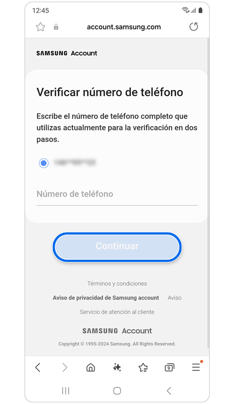 Pantalla de verificación de número de teléfono.