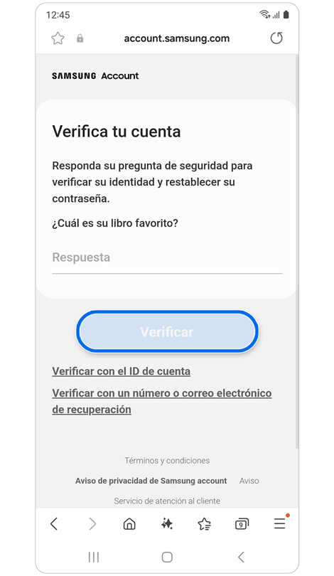 Pantalla para responder pregunta de seguridad.