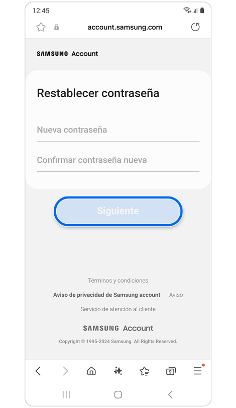 Pantalla de restablecimiento de contraseña.