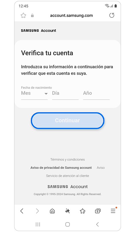 Pantalla de verificación de propiedad de cuenta.