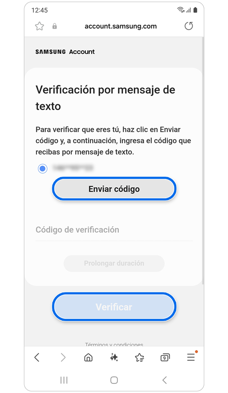 Pantalla de verificación de mensaje de texto.