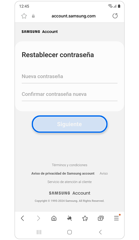 Pantalla de restablecimiento de contraseña.