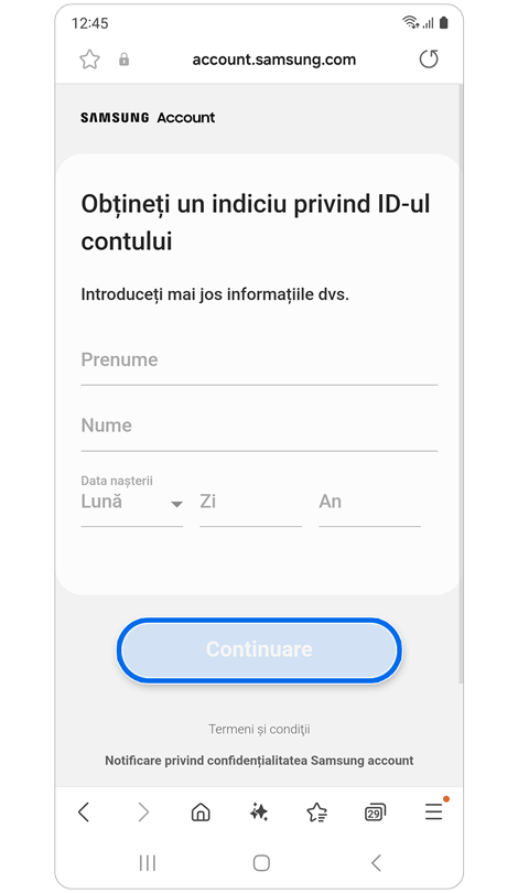 Ecran de verificare a deținerii contului.