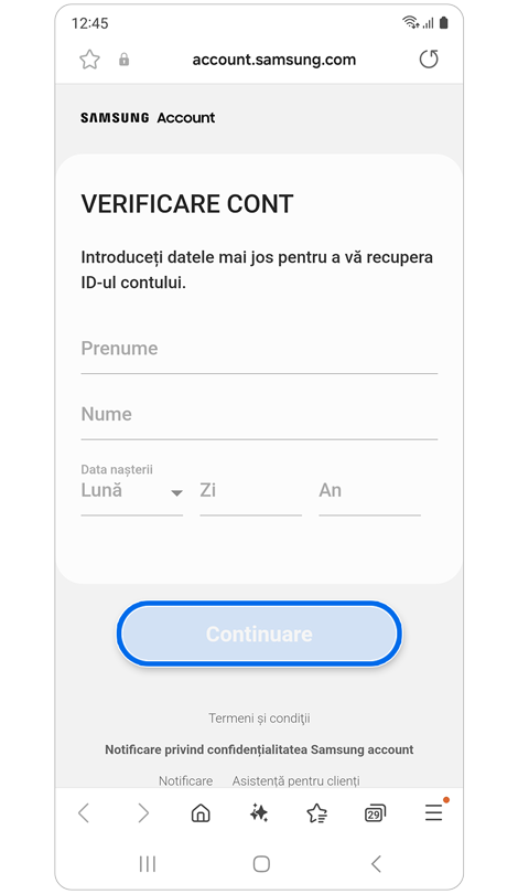 Ecran de verificare a deținerii contului.