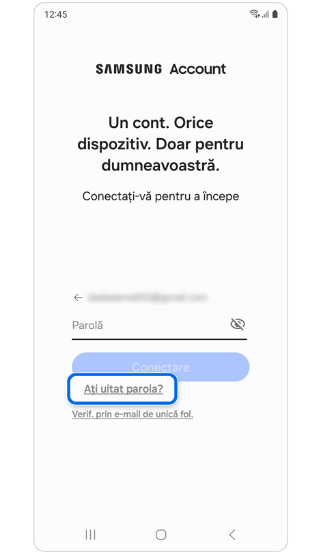 Opțiune pentru introducerea unei parole sau recuperarea parolei.