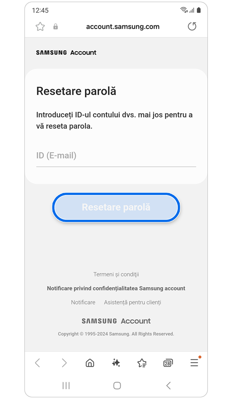 Ecranul Resetare parolă.