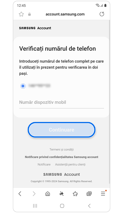 Ecran de verificare a numărului de telefon.