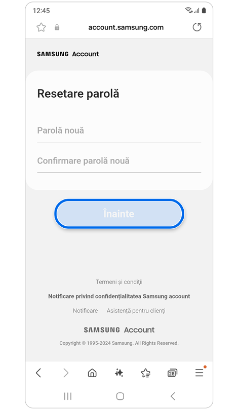 Ecranul Resetare parolă.