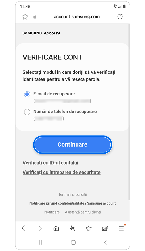 Ecran de opțiuni alternative de verificare.