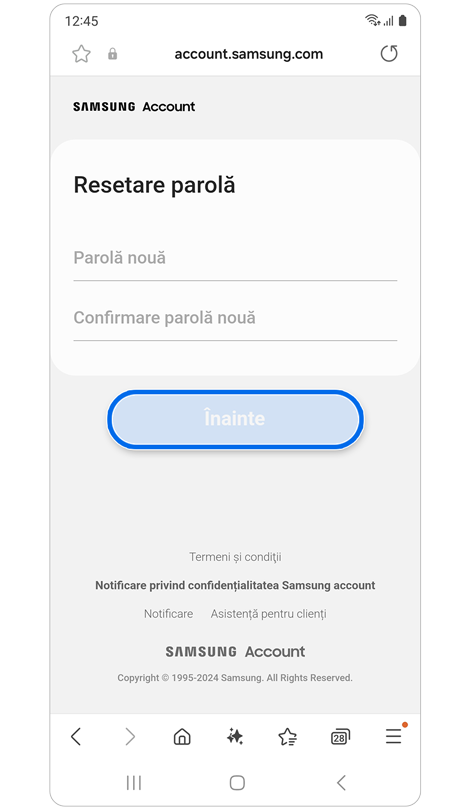 Ecranul Resetare parolă.