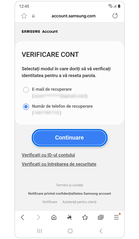 Ecran de opțiuni alternative de verificare.