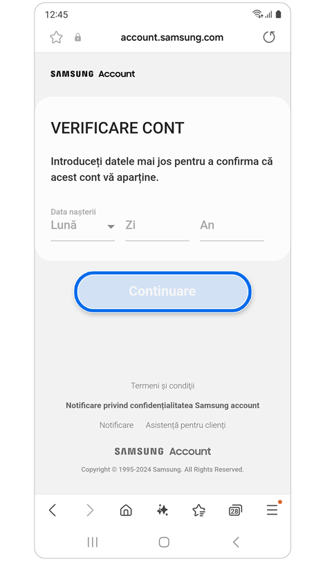 Ecran de verificare a deținerii contului.