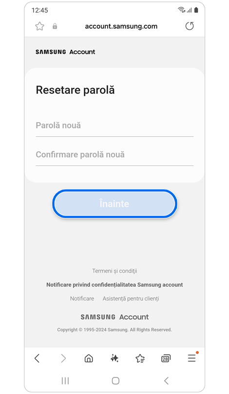 Ecranul Resetare parolă.