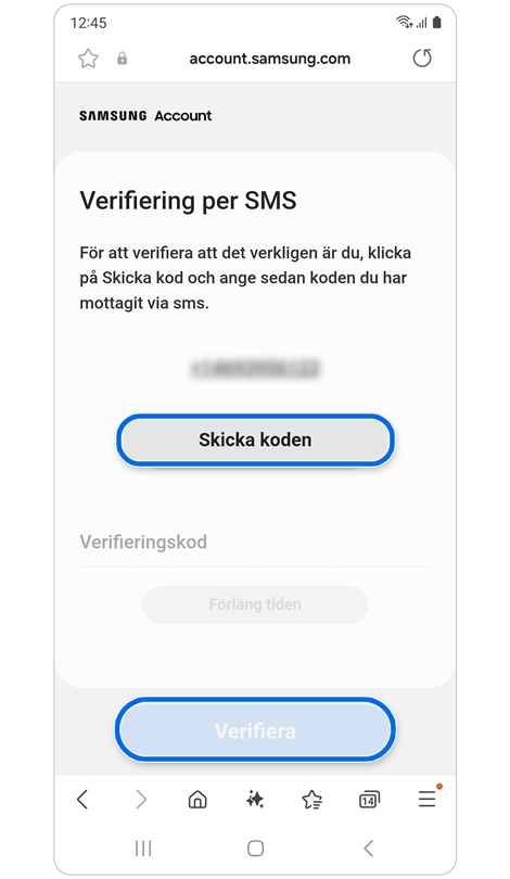 Skärm för verifiering genom textmeddelande.