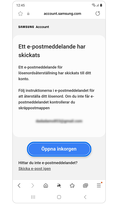 Meddelande om att ett e-postmeddelande har skickats till din primära e-postadress.