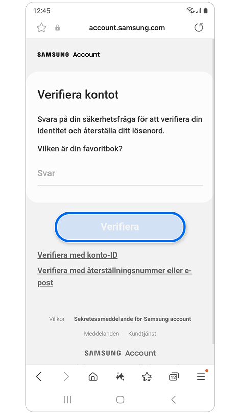 Skärm för att svara på säkerhetsfråga.