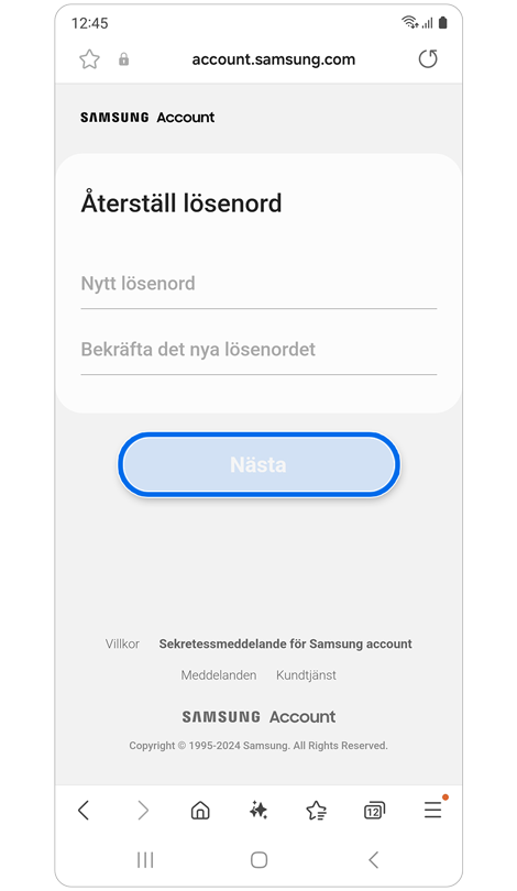 Skärmen Återställ lösenord.