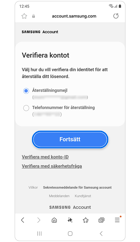 Skärm för alternativa verifieringsalternativ.