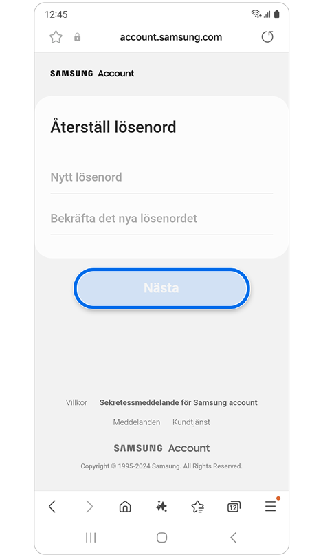 Skärmen Återställ lösenord.