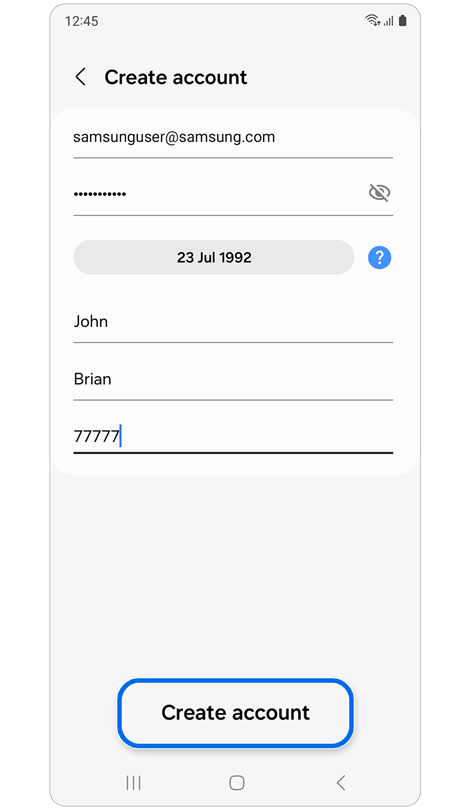 Create account screen