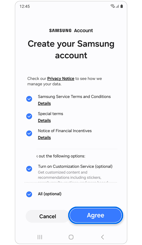 Terms and conditions screen