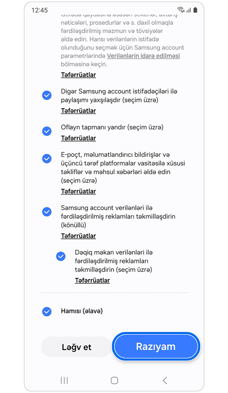 Şərtlər və şərtlər ekranı