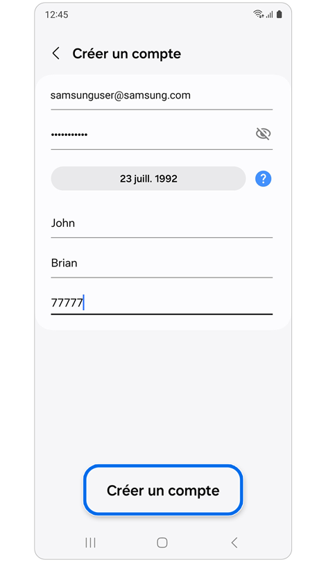 Écran de création d’un compte Samsung