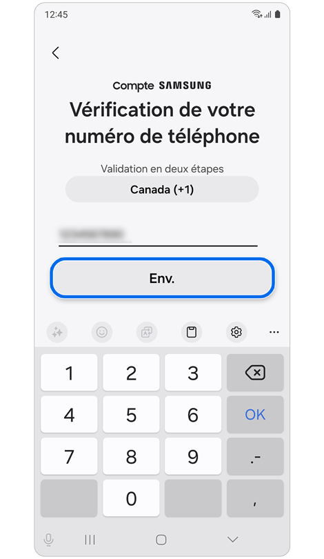 Écran de vérification de votre numéro de téléphone pour la création d’un compte Samsung