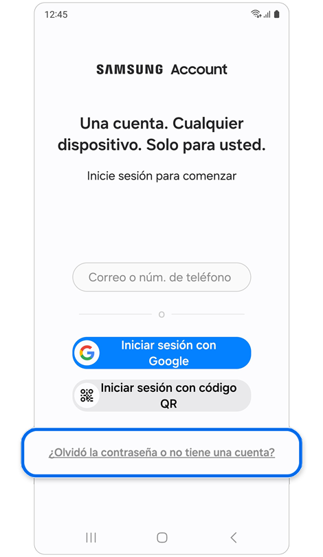 Pantalla de inicio de sesión de la cuenta de Samsung