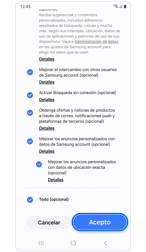 Pantalla de términos y condiciones