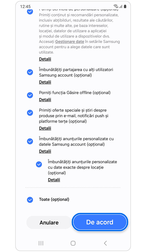 Ecranul de termeni și condiții