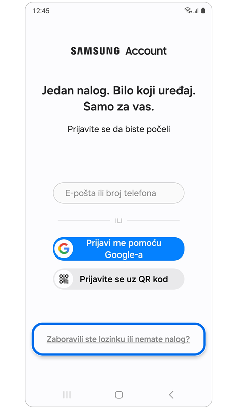 Ekran za prijavljivanje na Samsung account