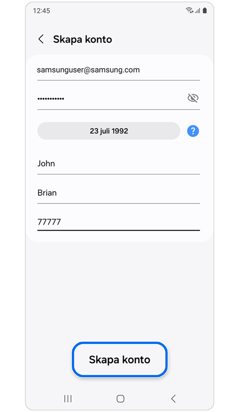 Skärmen Skapa konto