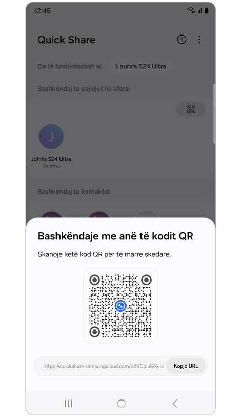 Dritare e shfaqur me kodin QR dhe URL.